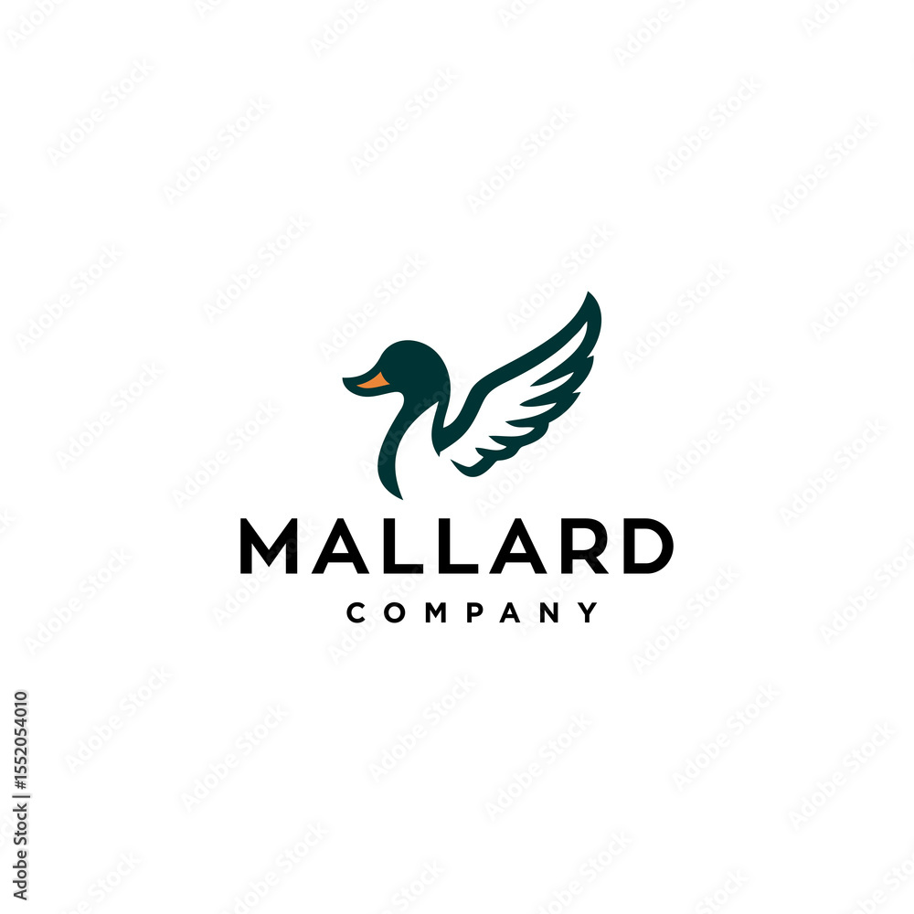 Fototapeta premium Stylized duck with wings logo. minimal modern duck mallard logo icon vector illustration hipster stock for Animal farm business or restaurant cafe in luxury line style. 