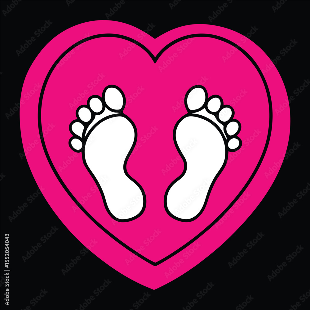 Cute baby footprints inside a bright pink heart on a black background.