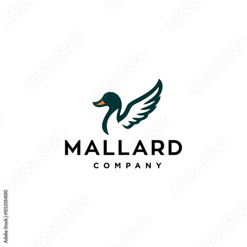 Stylized duck with wings logo. minimal modern duck mallard logo icon vector illustration hipster stock for Animal farm business or restaurant cafe in luxury line style. 