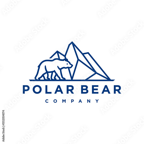 stylized polar bear line art design. Geometric minimalist ice bear logo icon with ice mountain.