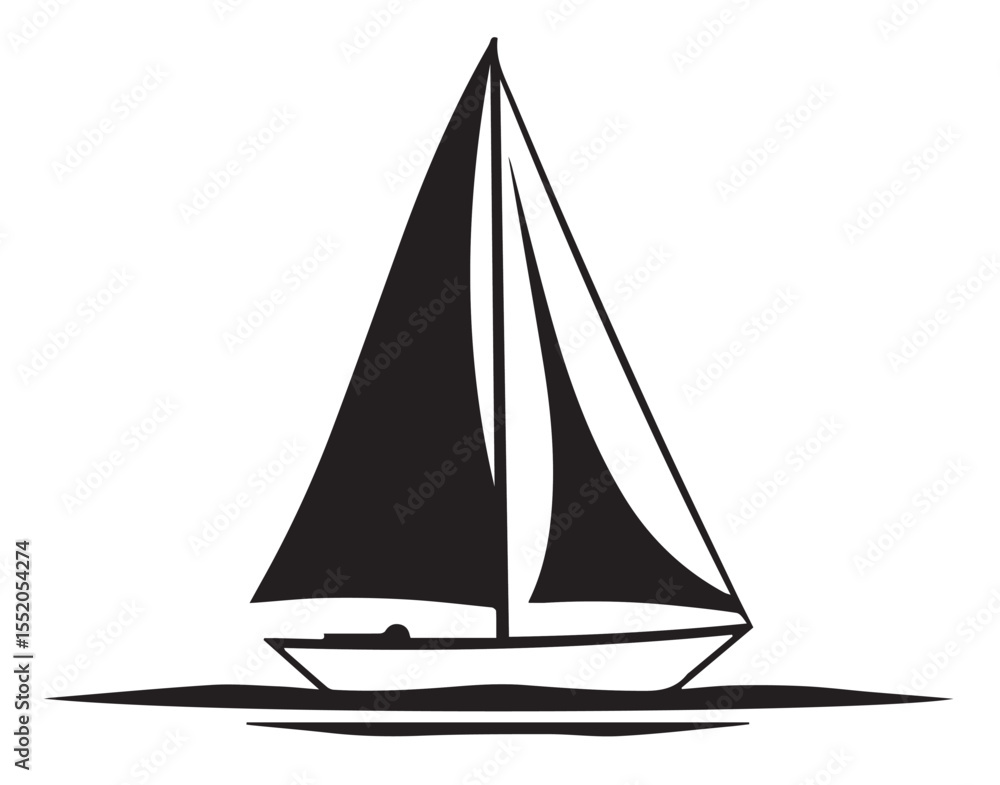 A black silhouette of a sailboat with sails unfurled, gliding on water, set against a white background. A black silhouette of a sailboat with sails unfurled, gliding on water, set against a white background.
