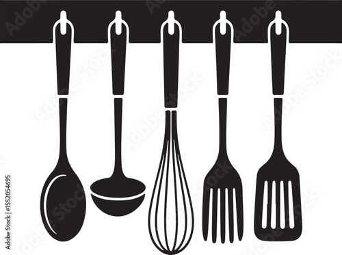 Kitchen utensils collection illustration featuring whisk spoon ladle and spatula silhouettes