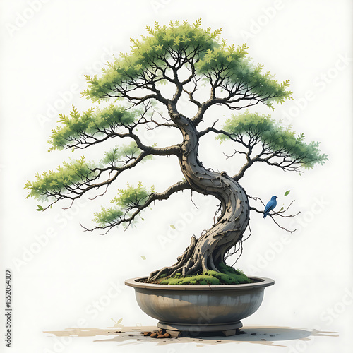 A bonsai Tree on white background, water color style, tree plant resource for graphics