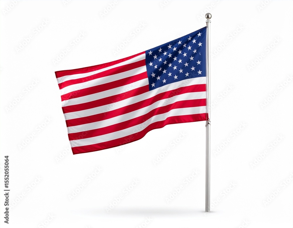 American Flag Waving on Pole Against a Pure White Background American Flag Waving on Pole Against a Pure White Background