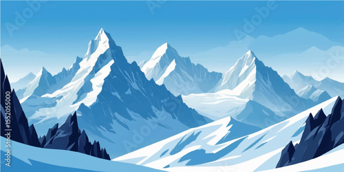 Breathtaking alpine panorama: a high mountain winter landscape with snow-capped peaks and a vast sky