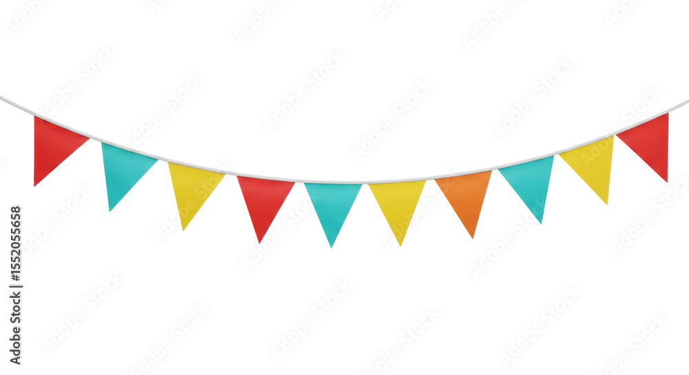 Fototapeta premium Festive string of colorful bunting with triangular and swallowtail flags in bright red, orange, yellow, turquoise, visible fabric texture on a transparent isolated background with studio lighting,