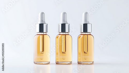 Three Amber Glass Dropper Bottles on White Background Product Photography