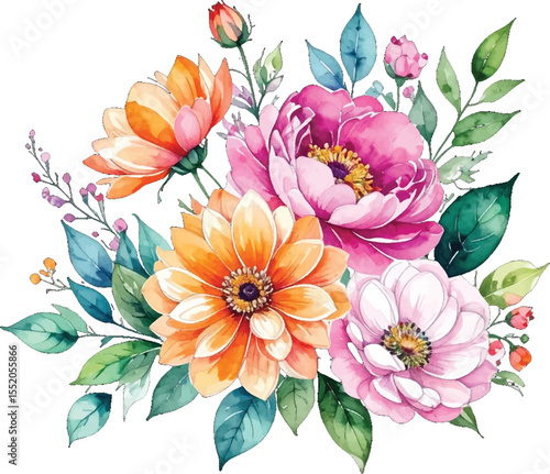Soft floral bouquet with various blooms in watercolor style. Colorful spring flowers arrangement with fresh green leaves. Floral composition with delicate pink and orange blooms.