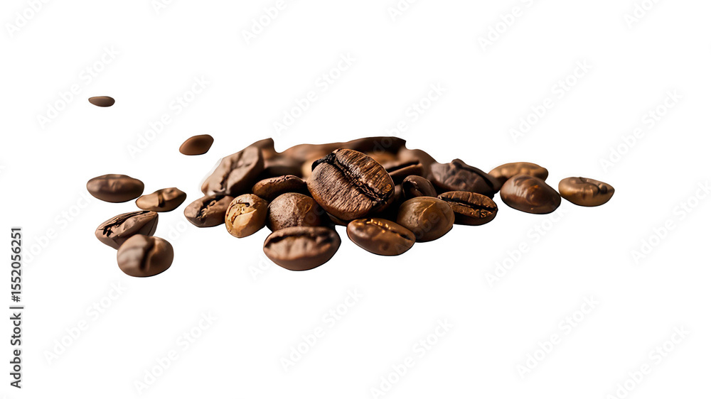 Naklejka premium Close-up of Coffee Beans. The image showcases a close-up view of a collection of roasted coffee beans. The beans vary in shape and size, but all have a rich, dark brown color. 