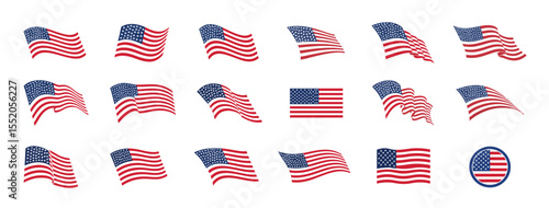 American flag set, USA waving flag collection, United States. Collection of American flags waving in different styles and directions