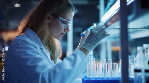 Wallpaper Mural Focused scientist in lab coat analyzing samples under bright laboratory light Torontodigital.ca