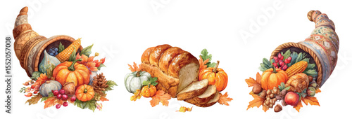 Watercolor autumn symbols for Thanksgiving. Cornucopia with autumn harvest, bread and pumpkins. Happy Thanksgiving. Elements of coziness for the harvest festival, Thanksgiving Day, Autumn.