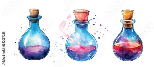 Watercolor set of witch or fairy glasses with magic potion. Rainbow magic fantasy potion. Concept of magic, Halloween, witch. Vector illustration.