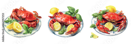 Watercolor set of red crab dishes png. Red crab on a plate with lettuce leaves lemon slices and basil branch. Seafood and Mediterranean cuisine concept. Vector illustration.