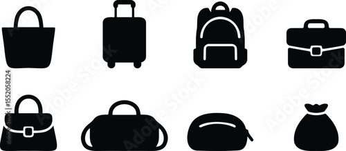 Variety of handbag and travel bag silhouette icons including backpack, purse, briefcase, and clutch in minimal black design