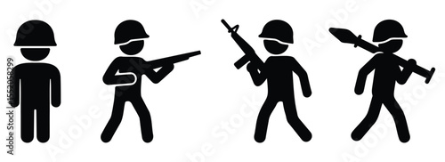 Stickman soldier silhouette icons in different military poses with weapons and helmets in minimal combat design