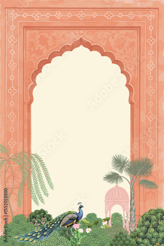 Mughal garden arch, plant, peacock illustration for invitations. Mural wallpaper illustration.