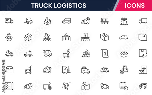 Vector illustration web line icon collection for truck logistics: vehicles, cargo, delivery, and transport symbols in a streamlined, modern, and efficient design style.