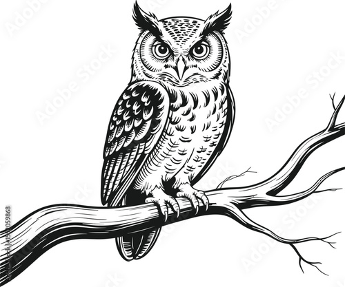 A great horned owl, a nocturnal hunter, perches on a brown branch, its wild eyes and feathered beak evident in this isolated nature portrait