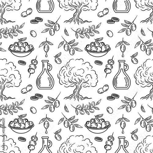 seamless pattern features olive trees, bottles of oil, and olives in a dish, charming sketch. Perfect for Mediterranean themes, culinary designs, or organic product packaging.