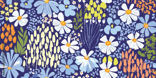 Stylized Wildflower Seamless Pattern Bold Botanical Vector Art for Modern Design and Print