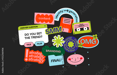 Y2K patches, labels, tags, stickers, stamps in retro smm style. Cartoon stickers in funky hipster groovy style. Vector set, trendy promo labels, figures, elements in Futuristic style