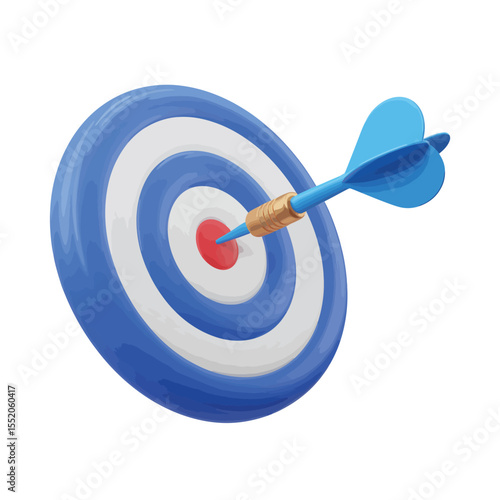 Blue dart hitting the bullseye on a target board with white background