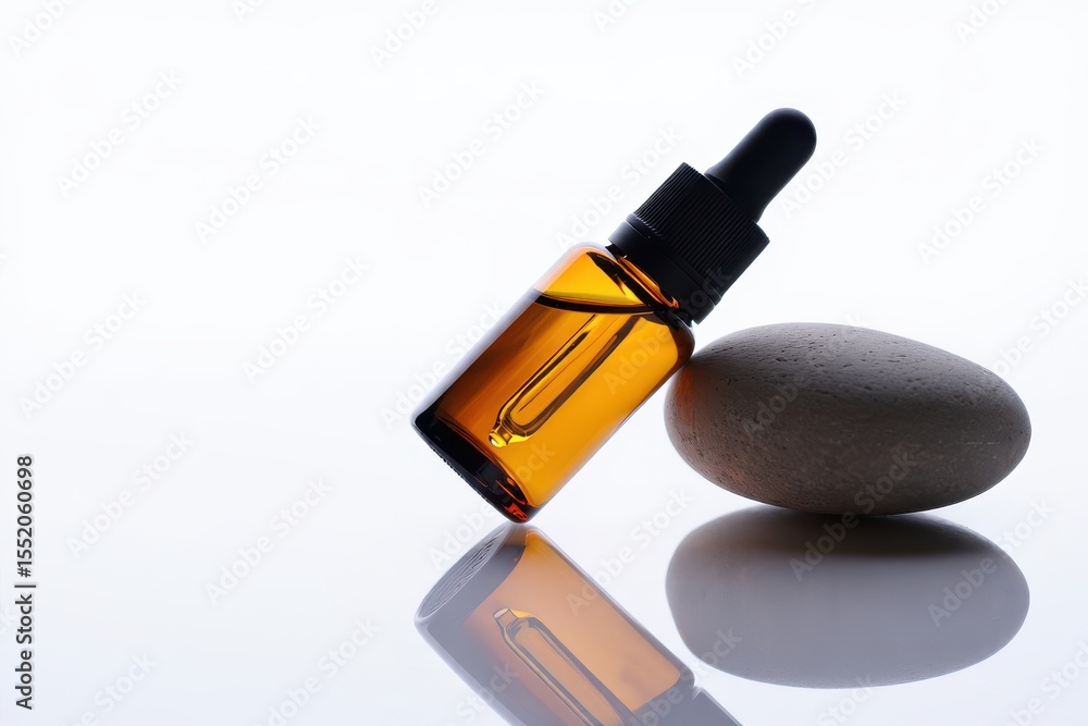 Obraz premium Amber Glass Dropper Bottle with Spa Stones Essential Oil Wellness and Relaxation