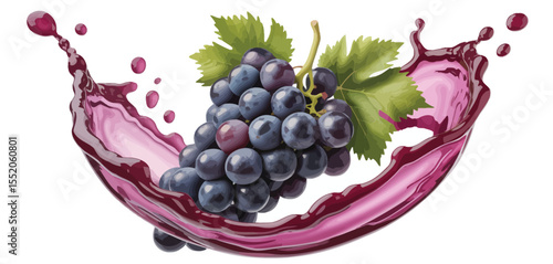 Fresh grapes splashing into rich red wine liquid with leaves