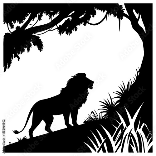 Majestic lion silhouette standing proudly on a grassy hill under a tree canopy