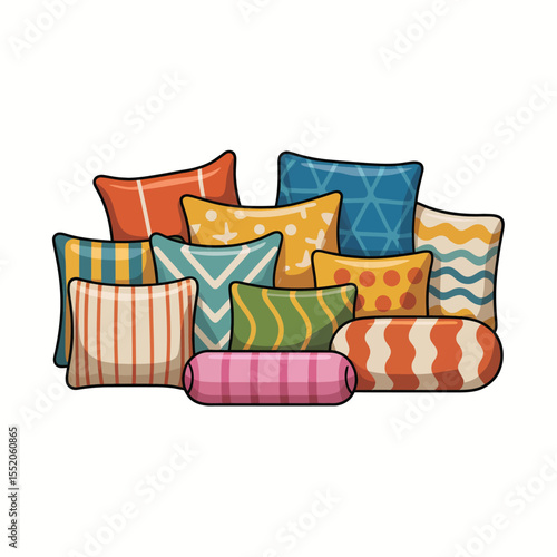 Colorful assortment of decorative throw pillows with various patterns and shapes
