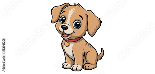 Adorable cartoon puppy with big blue eyes and a red collar sits patiently