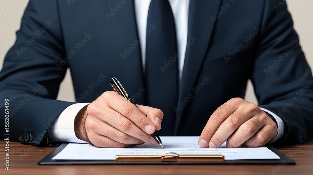 Professional Man in Suit Writing on Clipboard with Pen, Close-Up Shot Capturing Business and Office Environment Professional Man in Suit Writing on Clipboard with Pen, Close-Up Shot Capturing Business and Office Environment
