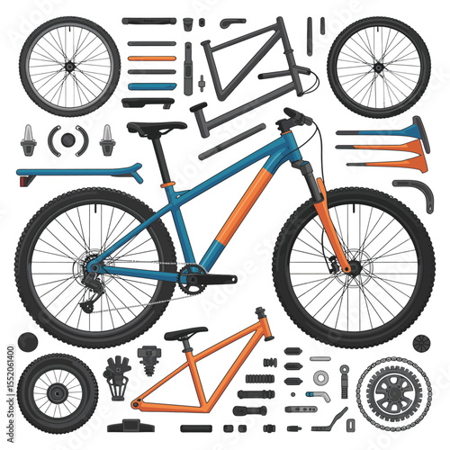 Assembled and disassembled mountain bike components in a flat lay arrangement