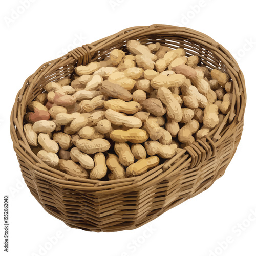 Woven basket overflowing with unshelled peanuts on a white background