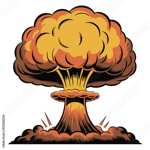 Stylized mushroom cloud explosion illustration with orange and brown tones