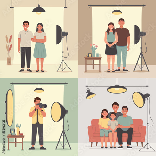 Diverse family and couple photography sessions in a modern studio setting