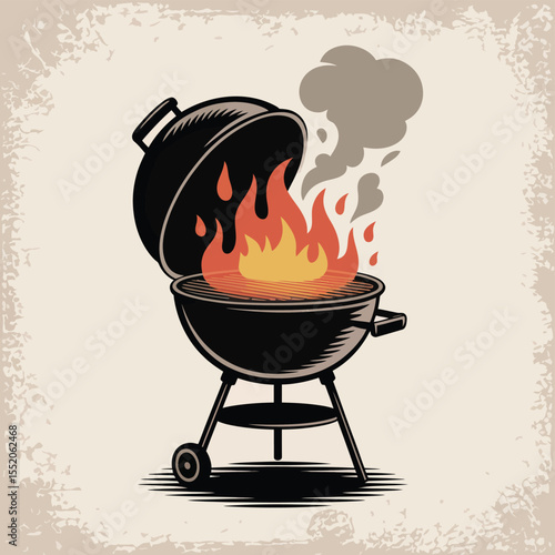 Classic kettle grill with open lid flames and smoke illustration