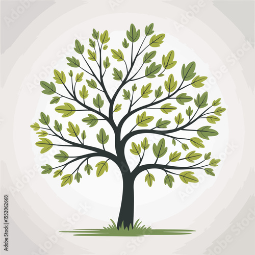 Stylized illustration of a green leafy tree with dark branches and trunk