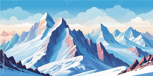 A panoramic view of the majestic Swiss Alps, a stunning winter landscape with snow-capped peaks against a clear blue sky
