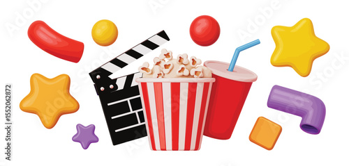 Collection of movie snacks and cinema items with popcorn and soda