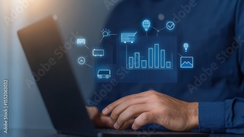 Wallpaper Mural Modern Businessman Analyzing Data on Laptop with Digital Graphs and Icons in Background Torontodigital.ca