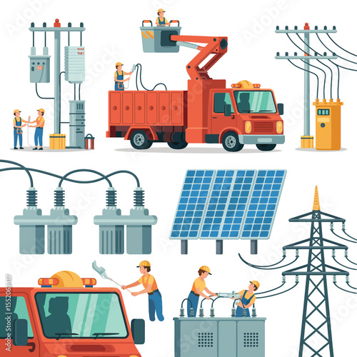 Electricians working on power lines and equipment with solar panels and utility trucks