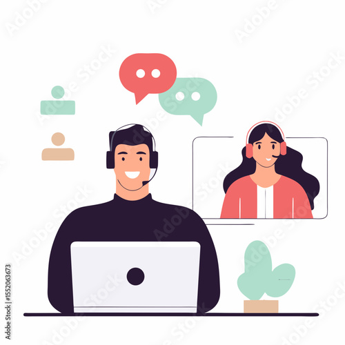 Online Customer Support & Video Call Service - Vector Illustration