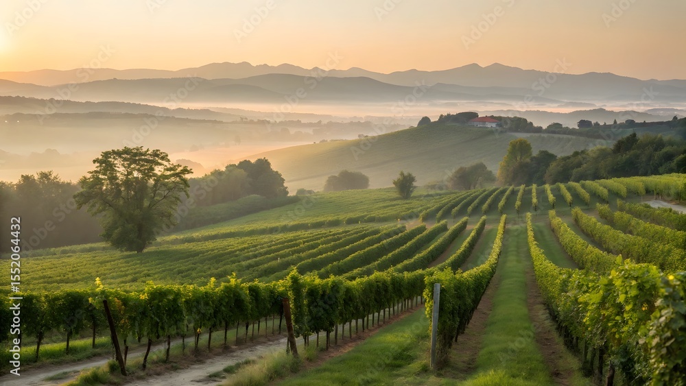 custom made wallpaper toronto digitalGolden Hour Sunrise Over Lush Rolling Vineyard Hills with Misty Valley Below and Distant Mountains