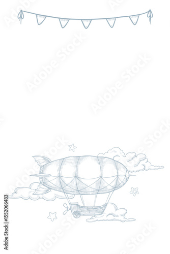 Vertical vector illustration of a vintage Dirigible among clouds and garlands. Linear drawing of vintage Airship with stars for Baby Posters in pastel blue colors. Outline art of retro Blimp.