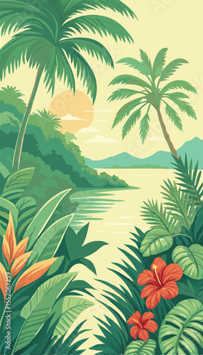 Beautiful Tropical Jungle Landscape with Sunset Sky. Vector illustration