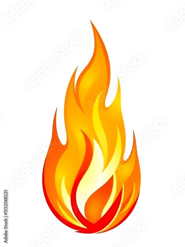 High-resolution vector flame with symmetrical pyramid shape, 15–20 layered tongues, glowing embers, and smooth gradient from red to white on a clean white background