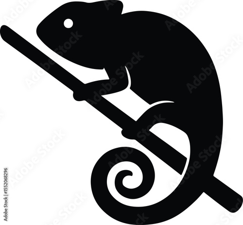 Silhouette Chameleon on Branch Wildlife Reptile Lizard Tropical Vector Illustration