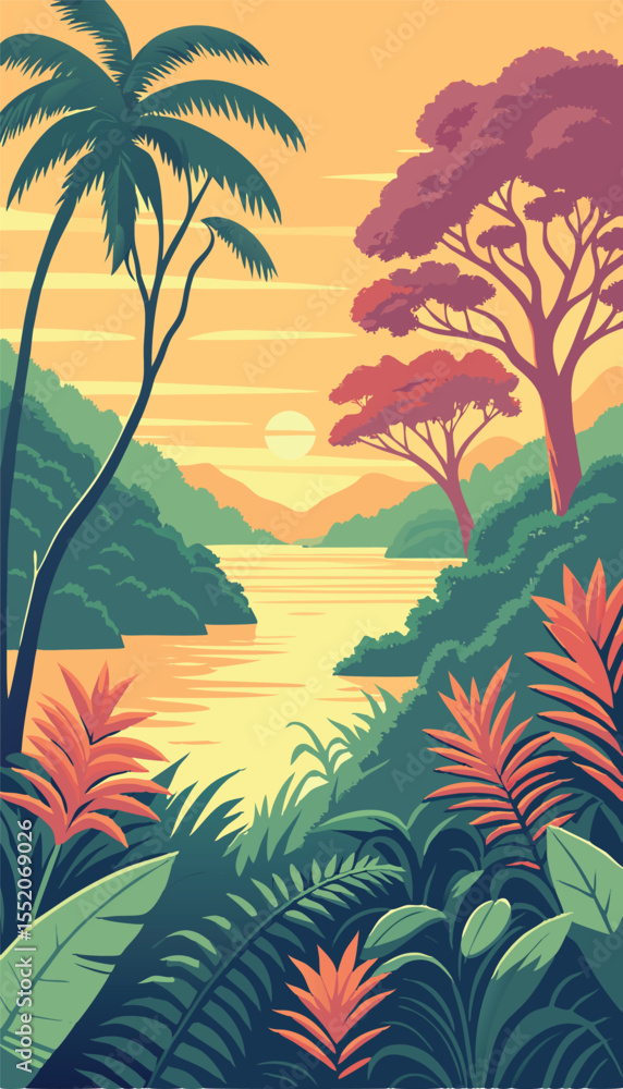 Obraz premium Beautiful Tropical Jungle Landscape with Sunset Sky. Vector illustration